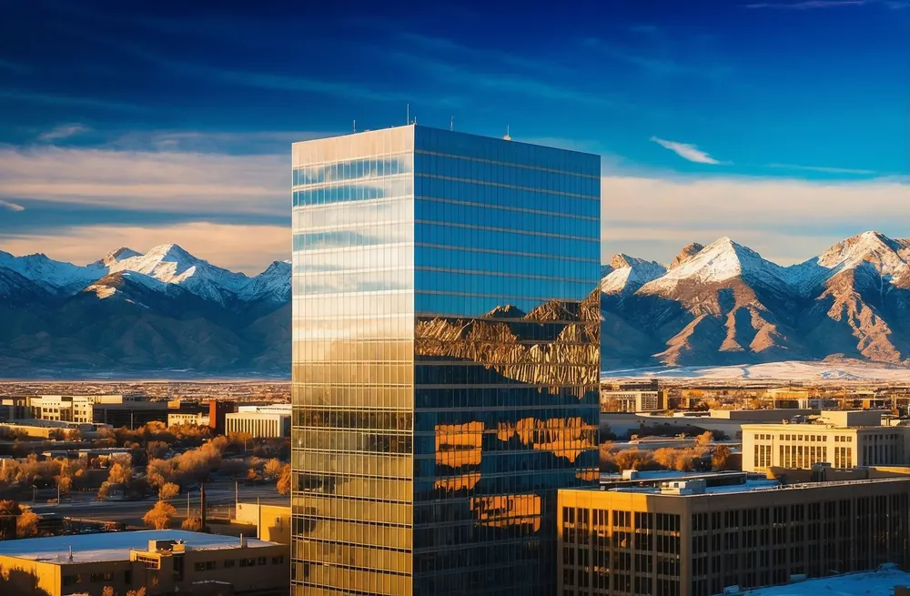 Downtown Salt Lake City with the Wasatch mountains reflected in a glass tower